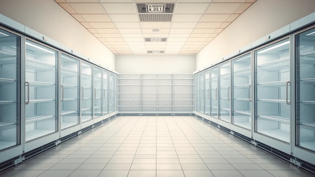 Illustration: A commercial supermarket freezer aisle stands open and empty, with thick white vapor billowing out from the door frames.