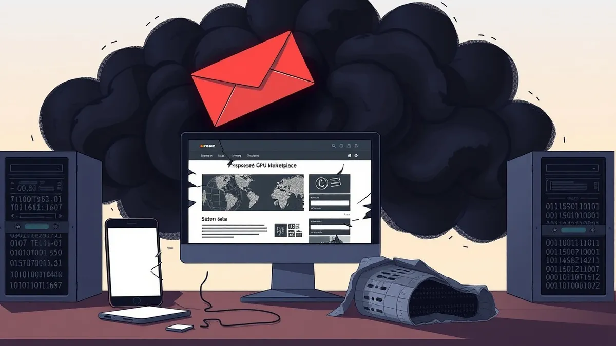 Illustration: A shadowy underground marketplace website sits on a cracked monitor, flanked by a shattered smartphone and a tattered digital ledger.