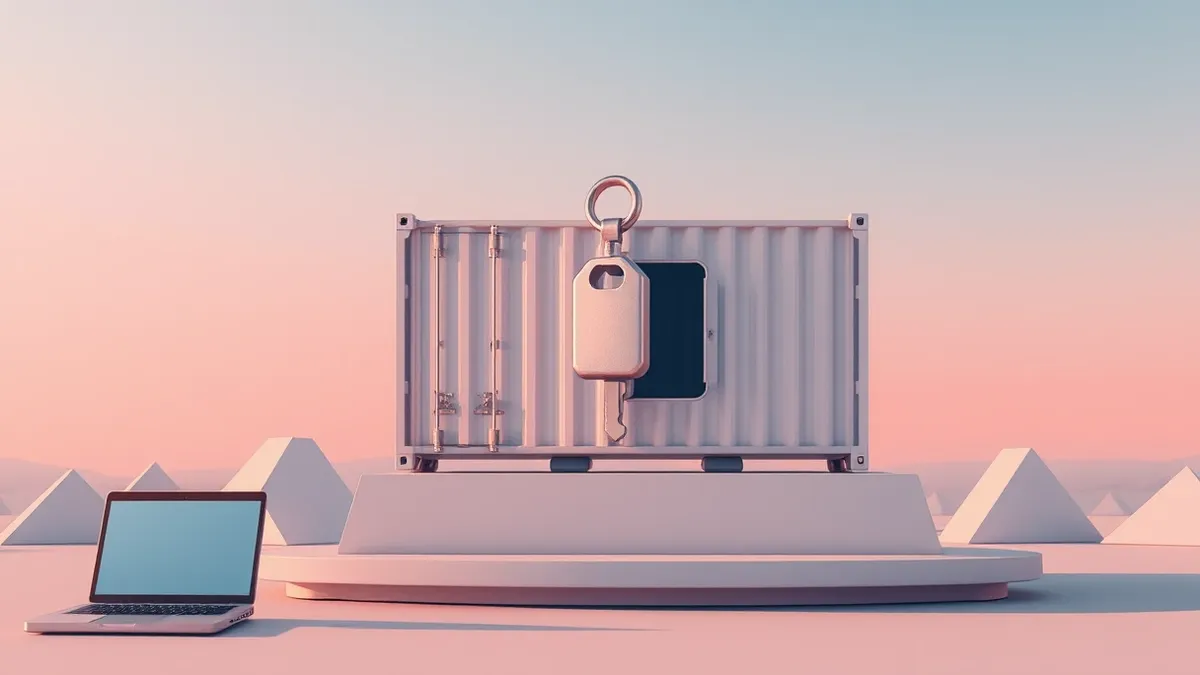 Illustration: A stylized container ship crate sits on a digital dock, its side panel slightly ajar.