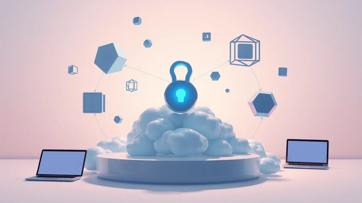 Illustration: A sleek, metallic identity token rests on a cloud-shaped pedestal, surrounded by floating geometric shapes representing diverse applications.