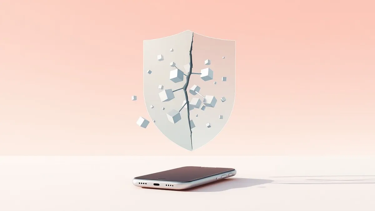 Illustration: A floating translucent shield with a jagged crack in its center hovers above a sleek smartphone displaying a web browser window.