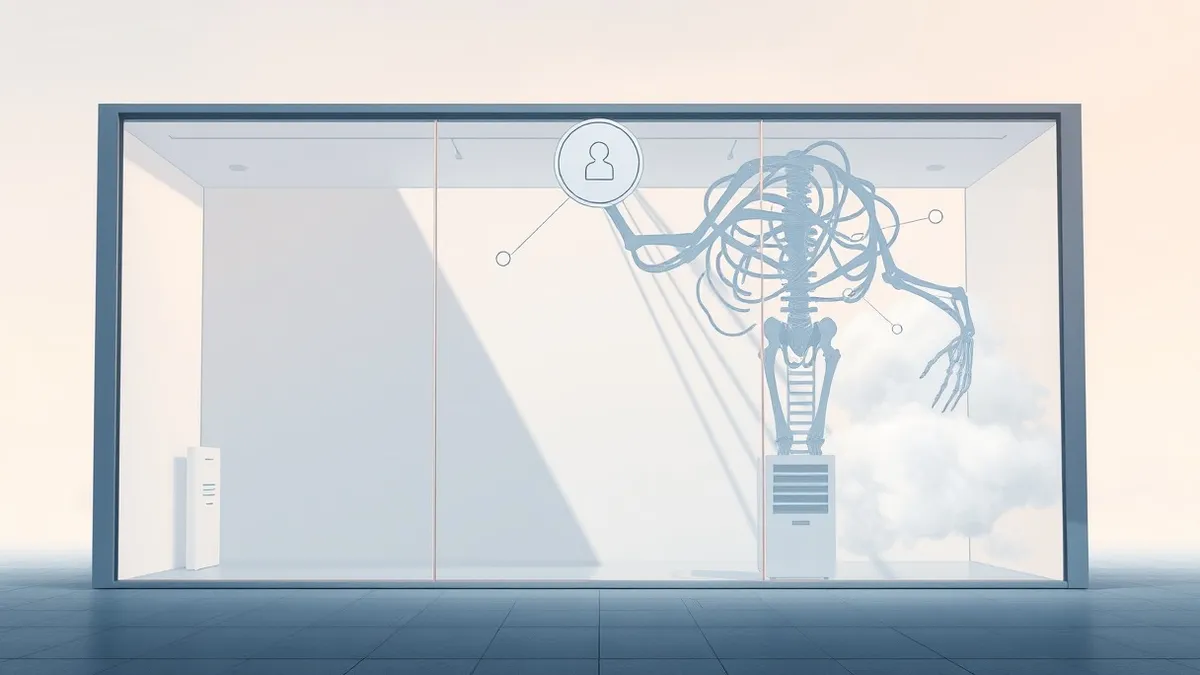 Illustration: A sleek retail storefront facade dissolves into thin digital mist, revealing the exposed skeletal structure of its internal cloud infrastructure.