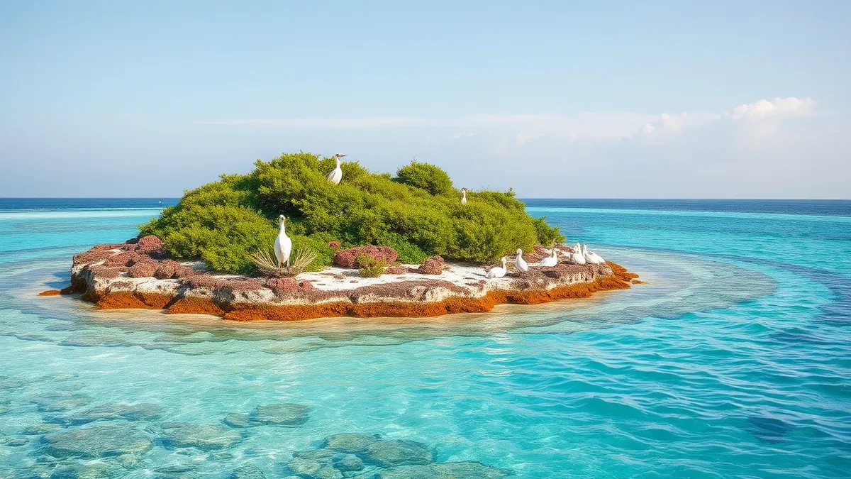 Illustration: A thriving coral reef surrounds a low limestone atoll where bright green native vegetation stabilizes the soil.