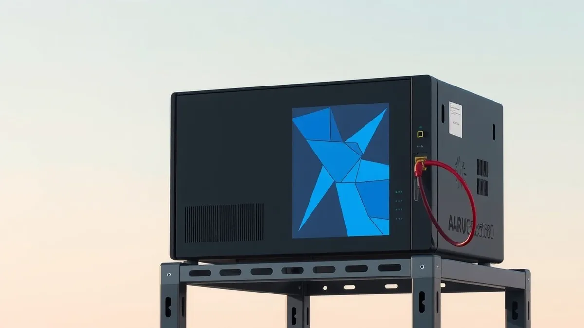 Illustration: A standalone black security appliance sits on a metal rack, its front panel displaying only abstract blue geometric shapes.