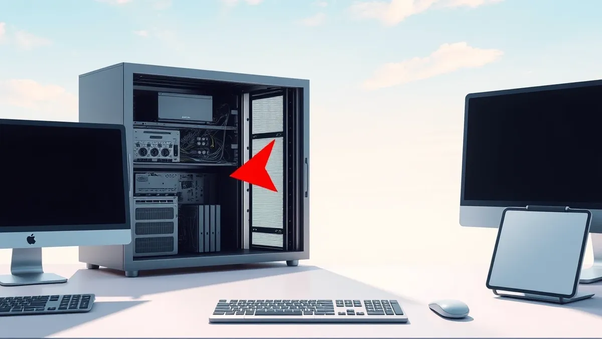 Illustration: A sleek server unit sits open on a desk, its internal components exposed to reveal a wide, unguarded gap in the metal casing.