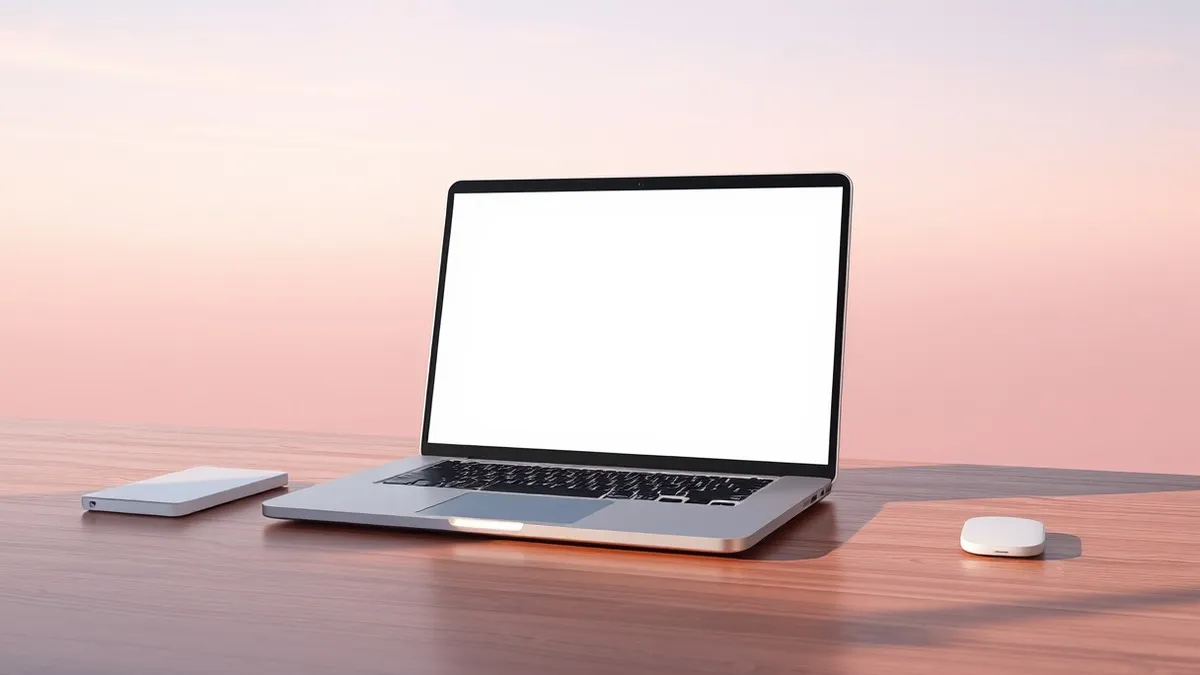 Illustration: A sleek silver laptop sits on a wooden desk with its lid open.