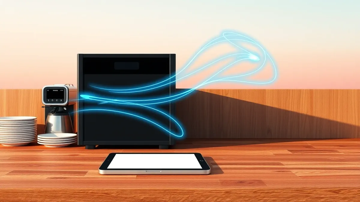 Illustration: A sleek black server unit sits on a wooden kitchen counter next to a steaming espresso machine and a stack of white ceramic plates.