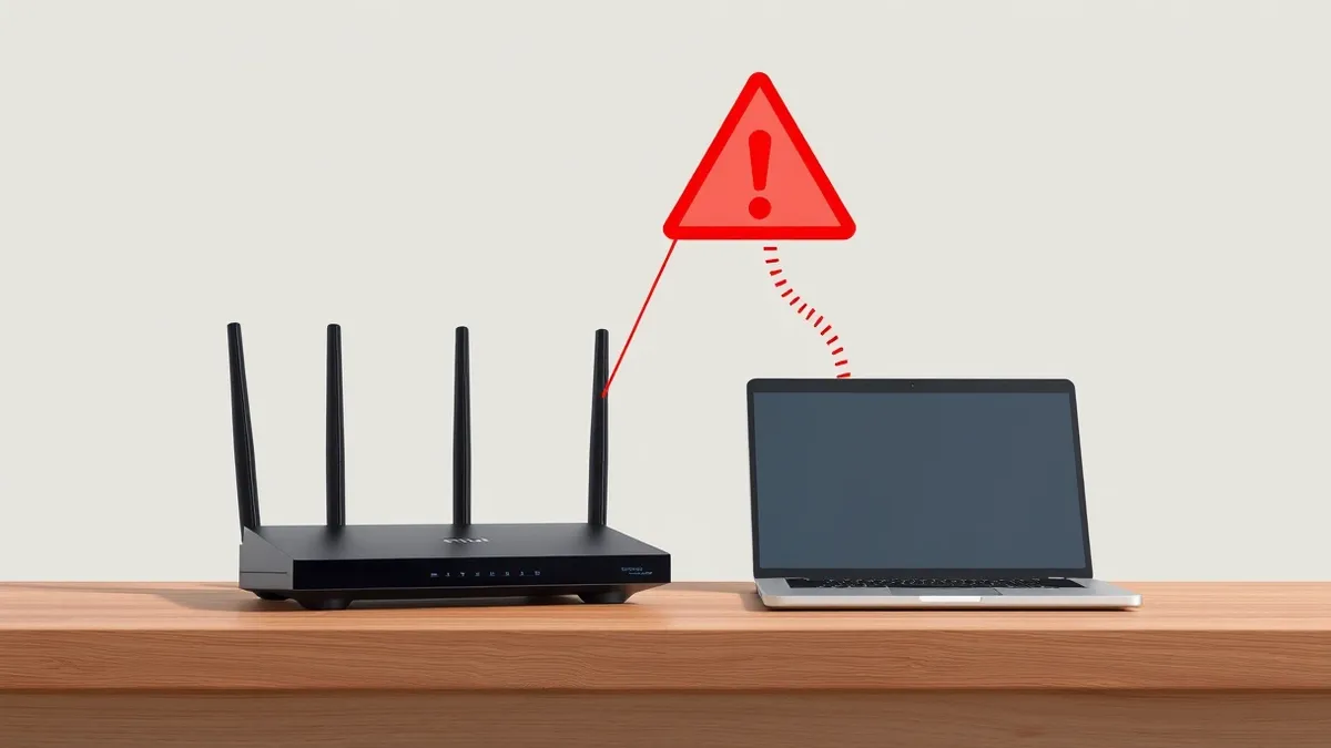 Illustration: A sleek black router sits on a wooden desk next to a closed laptop.