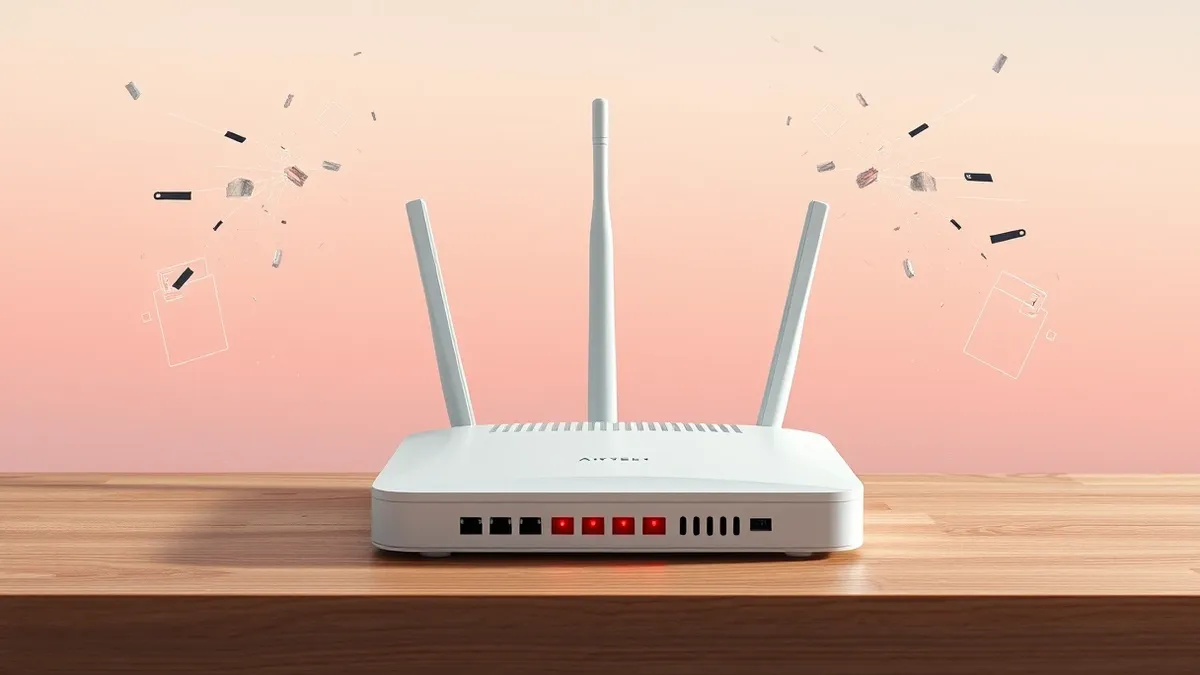 Illustration: A white wireless router sits on a wooden table, its antenna pointing upward.