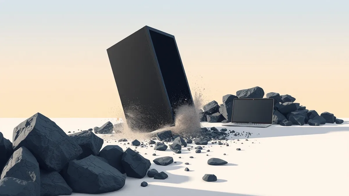 Illustration: A stack of heavy, dark stones cracks and crumbles under the weight of a massive, sleek black server blade, sending dust into the air while the surrounding floor remai