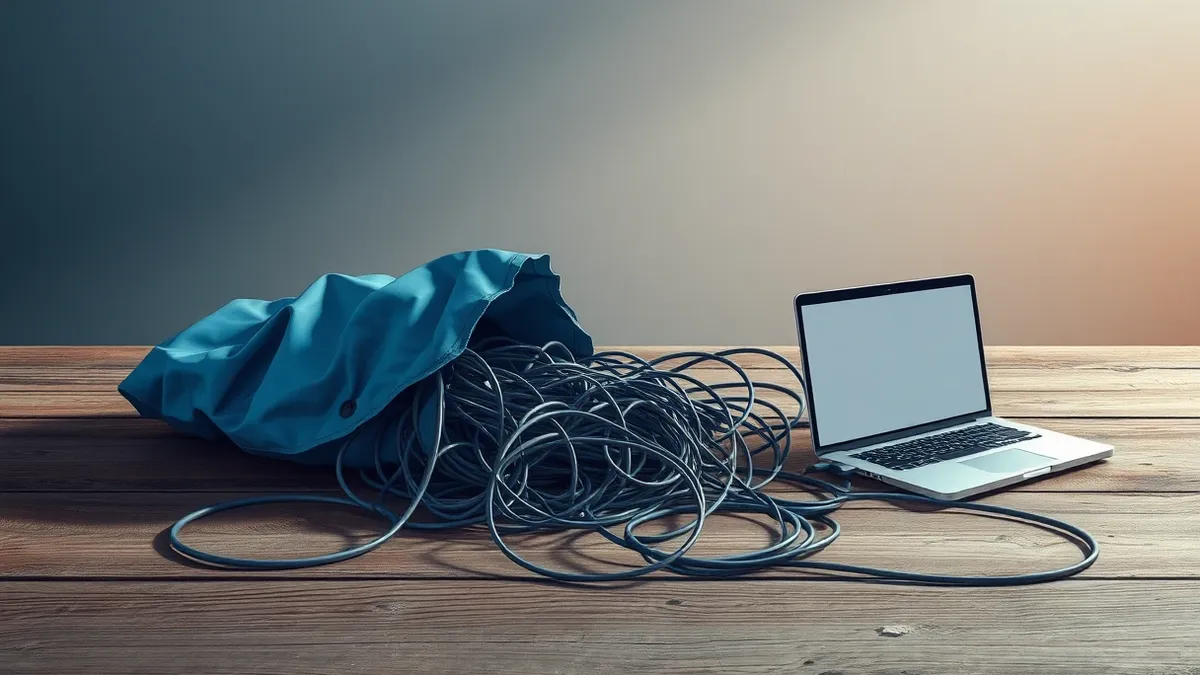 Illustration: A crumpled blue messaging bubble spills a tangled mess of grey wires onto a dusty wooden desk.