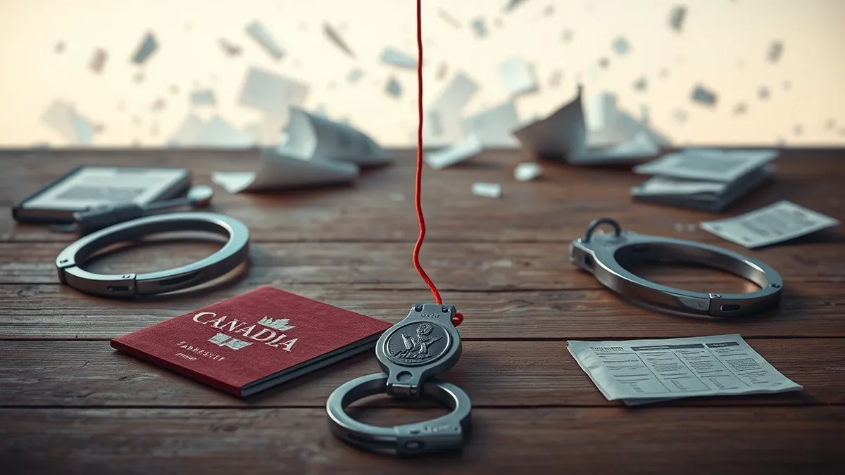 Illustration: A Canadian passport lies crumpled on a wooden table beside a pair of heavy handcuffs and a tattered security badge.
