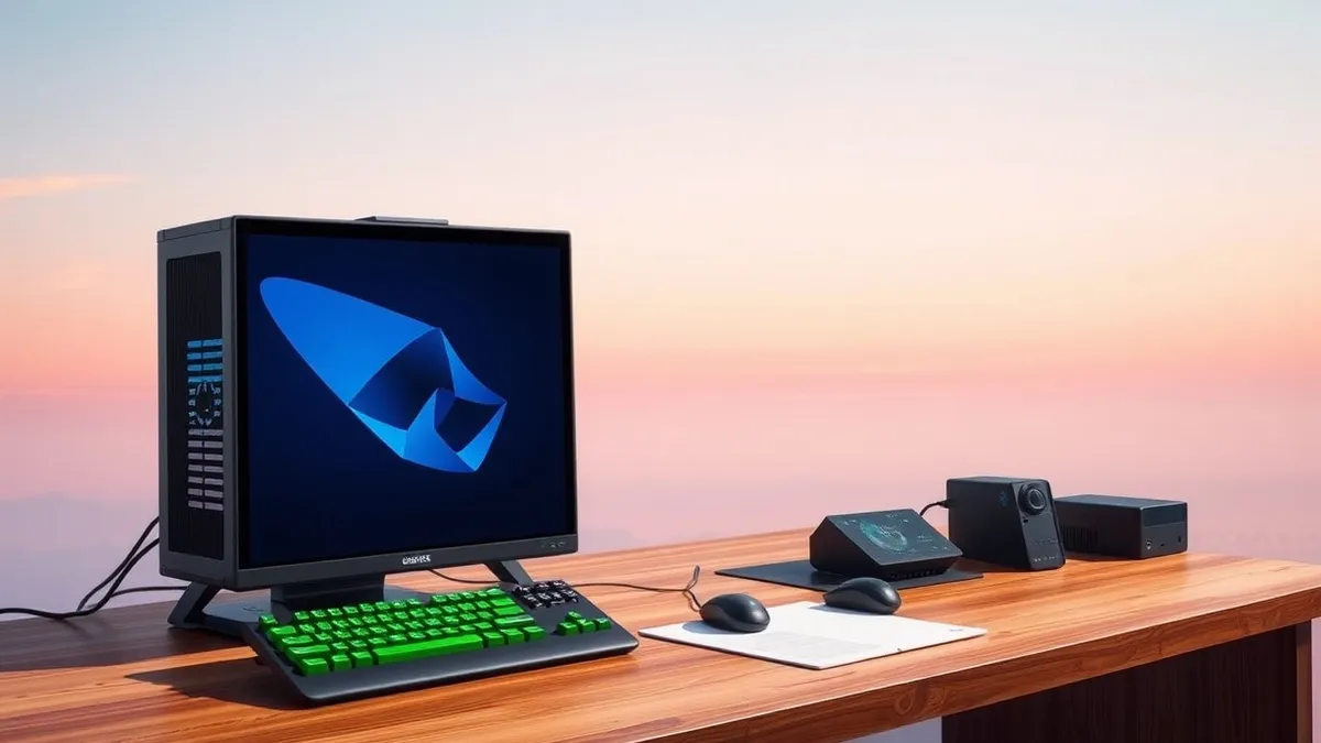 Illustration: A sleek black gaming desktop computer sits on a wooden desk next to a vibrant green mechanical keyboard and a wired mouse.