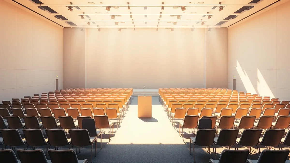 Illustration: An empty, sunlit convention hall stretches out with rows of unoccupied chairs facing a bare stage.