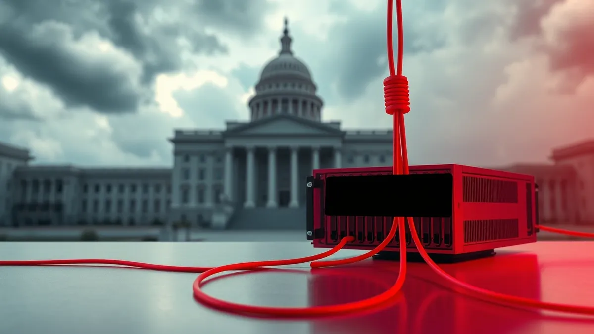 Illustration: A red-tinted server blade sits isolated on a metal desk, disconnected from its network cables by a bold black bar stamp.
