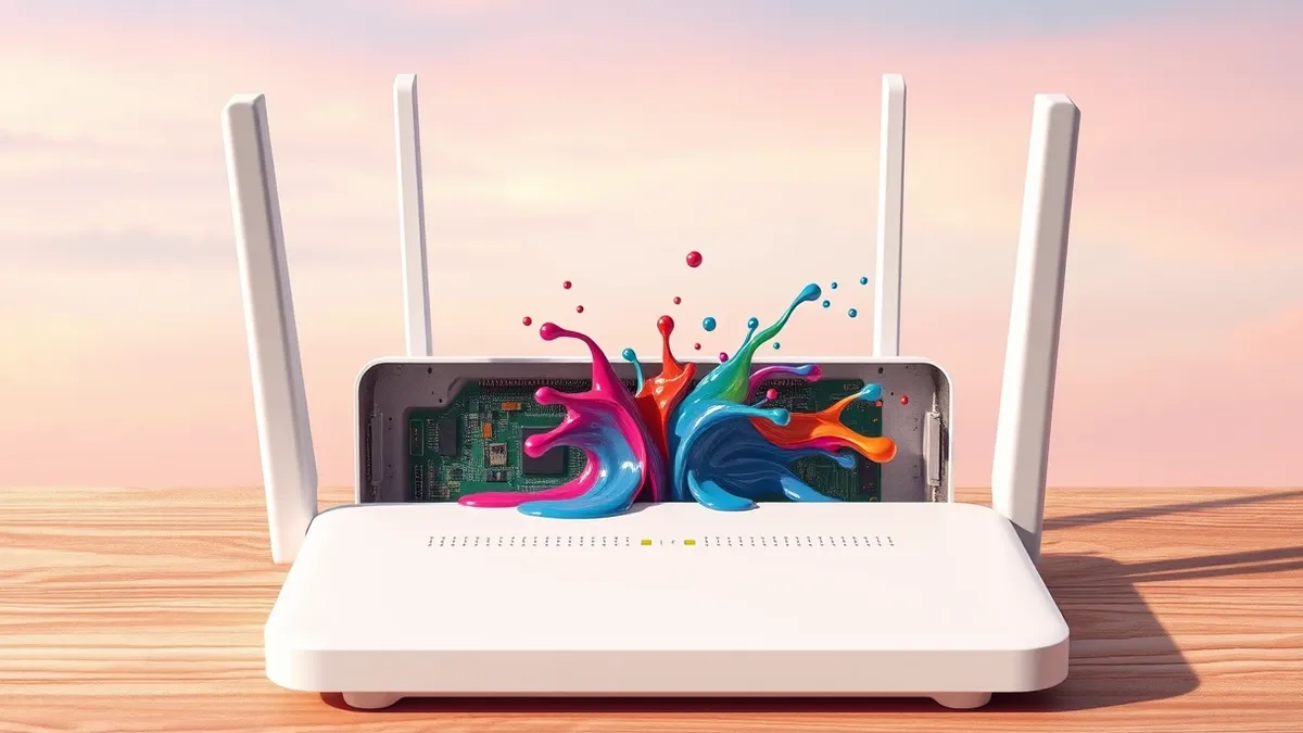 Illustration: A white desktop Wi-Fi router with three antennas sits on a wooden surface.