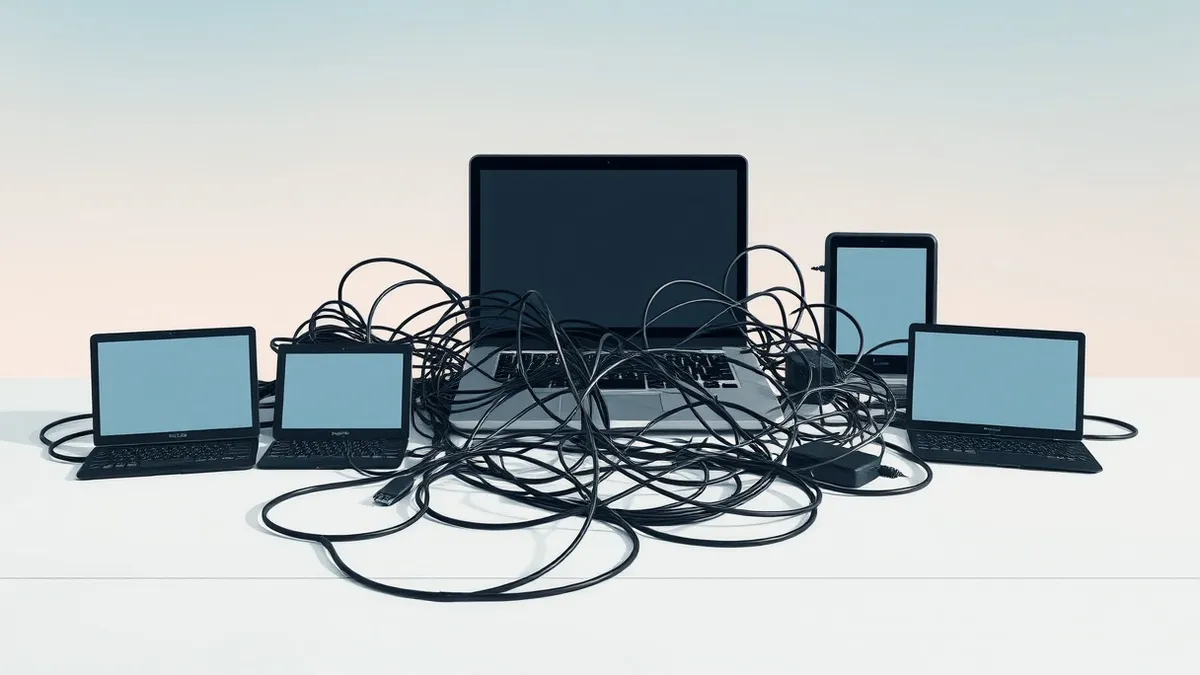 Illustration: A cluttered desk holds a tangled nest of black cables connecting a laptop to six different blank rectangular devices.