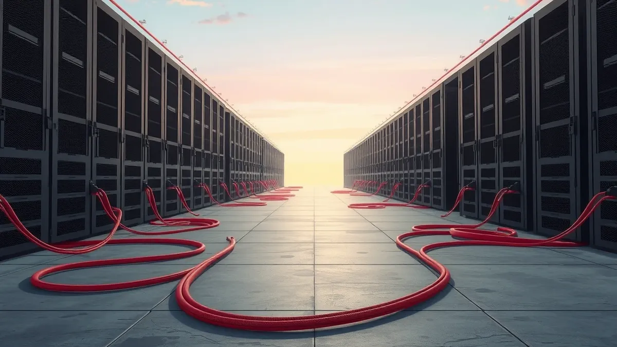 Illustration: A massive row of blank black server towers stretches into the distance under harsh industrial lights.