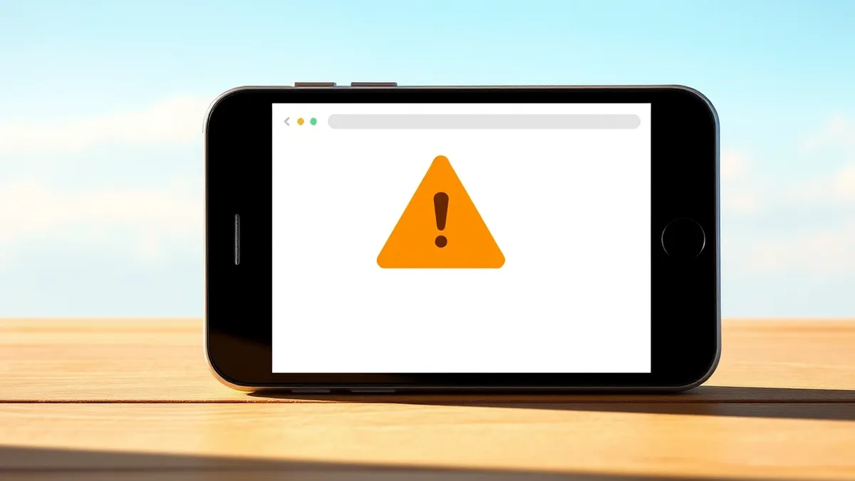 Illustration: A smartphone rests on a wooden table, its screen displaying a blank web browser interface with a prominent, large orange triangular warning symbol floating over the a