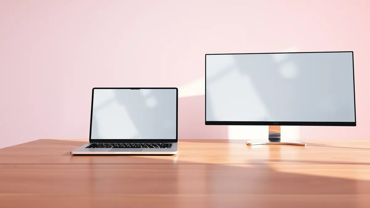 Illustration: A sleek, ultra-thin laptop with a blank black bezel sits on a polished wooden desk next to a matching all-in-one desktop computer.