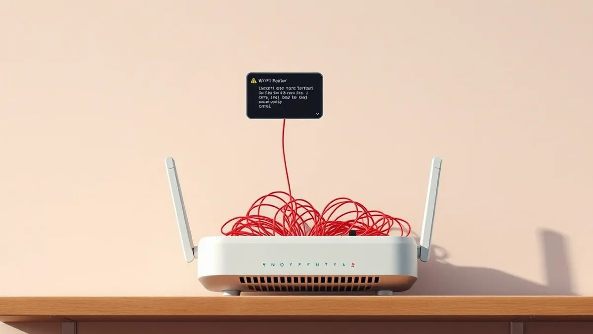 Illustration: A white residential Wi-Fi router sits on a wooden shelf.