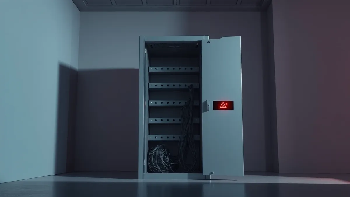 Illustration: A gray metal server rack stands in a dim room with one specific unit slightly ajar.