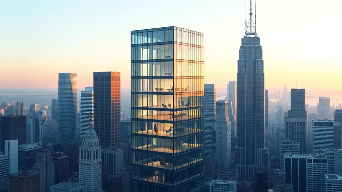 Illustration: A sleek glass office building stands alone in a dense urban skyline, surrounded by taller skyscrapers.