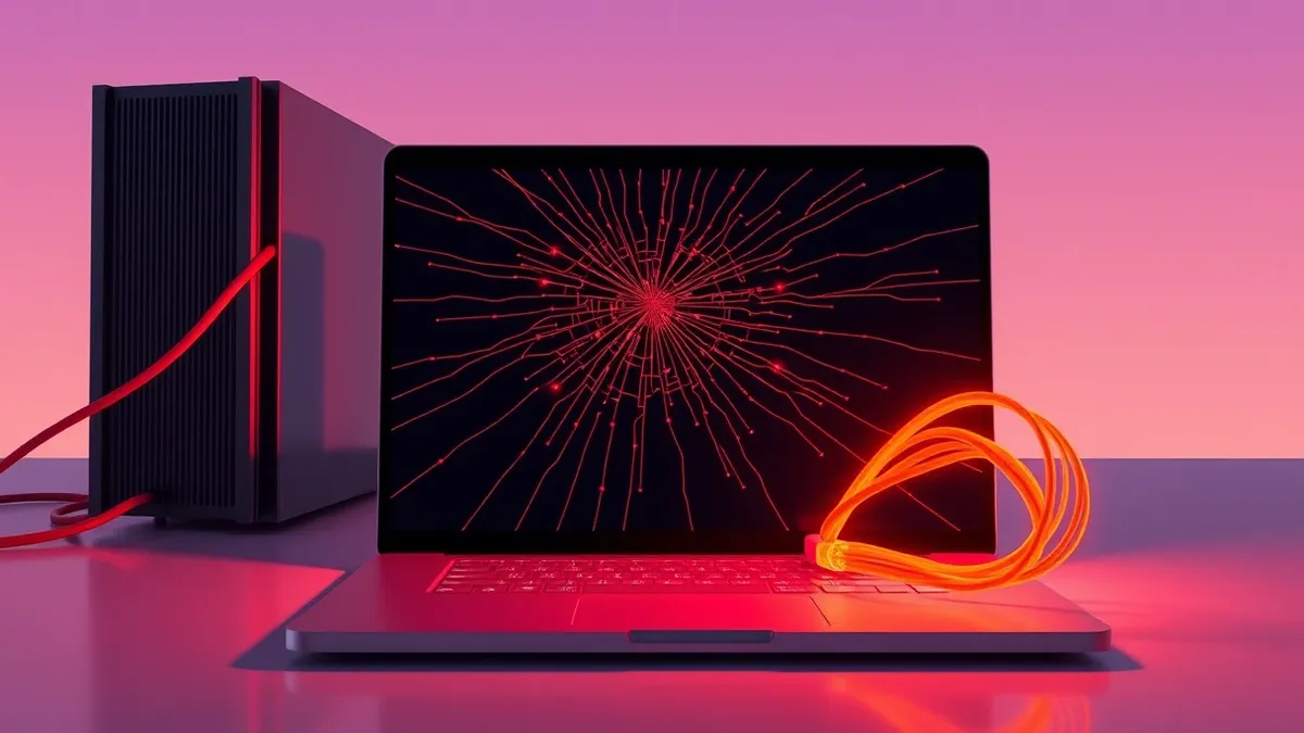 Illustration: A glowing orange network cable snakes from a sleek black server blade into an open laptop screen.