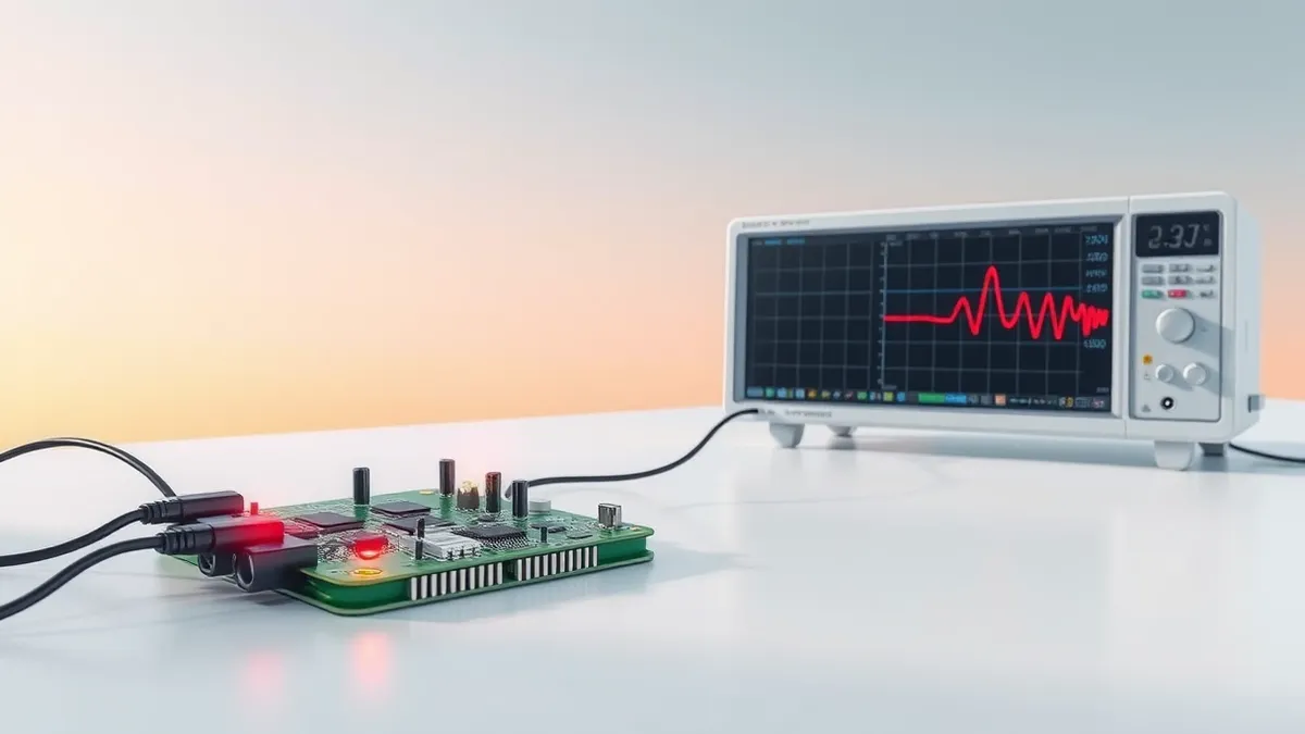 Illustration: A small, green circuit board with exposed silicon chips sits on a clean white workbench.