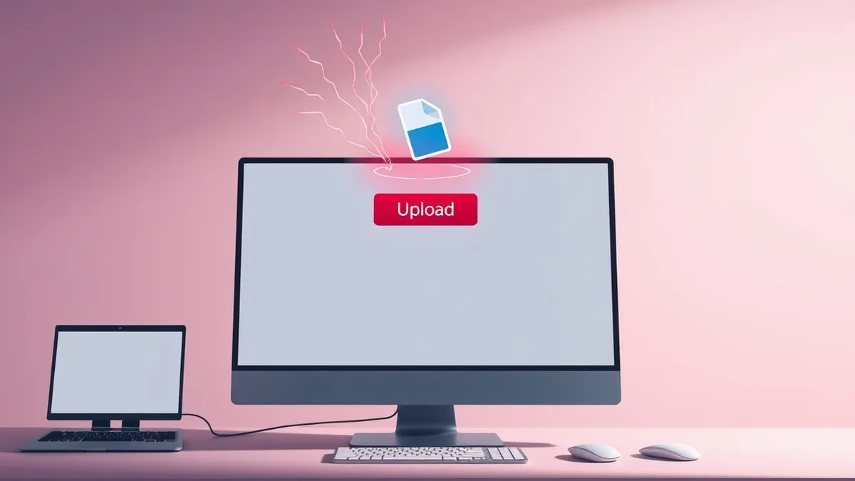 Illustration: A stylized computer screen displays a blank interface with a prominent upload button.