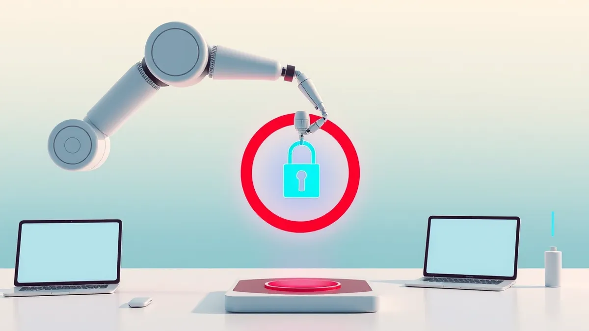 Illustration: A sleek white robotic arm extends from a central hub, holding a glowing blue key.