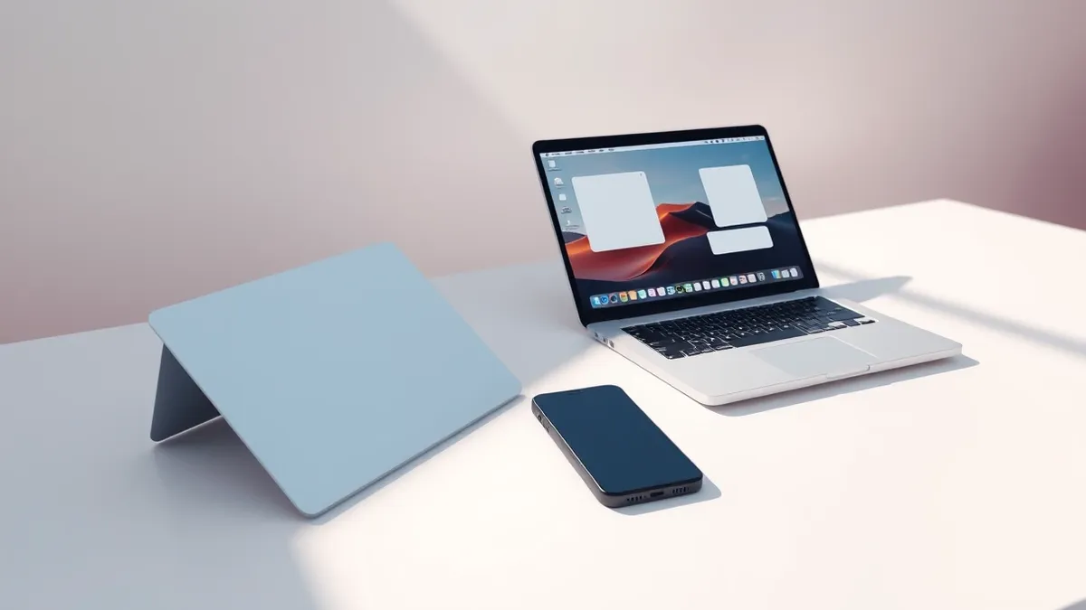 Illustration: A sleek black smartphone rests on a clean white desk next to an open laptop displaying a desktop interface with floating rectangular panels, illustrating the seamless