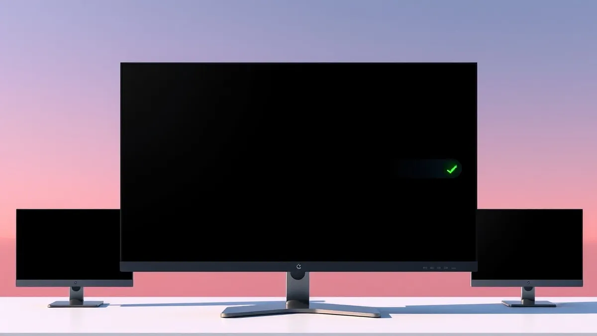 Illustration: A sleek desktop monitor displays a modern interface with abstract geometric icons against a dark background.