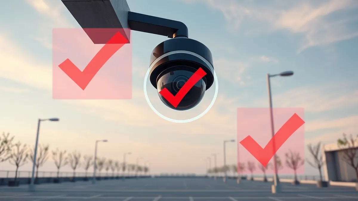 Illustration: A sleek black surveillance camera hangs from a concrete lamppost in an empty urban plaza.