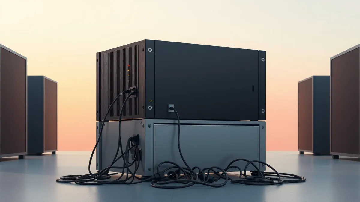 Illustration: A sleek black server unit sits on a metal rack with its power cable unplugged and dangling loose.