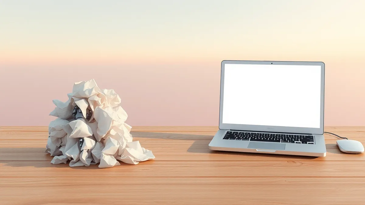 Illustration: A stack of crumpled paper balls sits beside a clean, empty white desk.