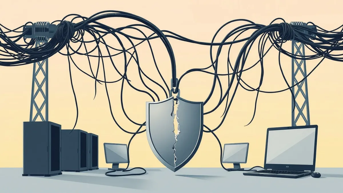 Illustration: A tangled web of dark cables connects blank server towers to a broken chain link.