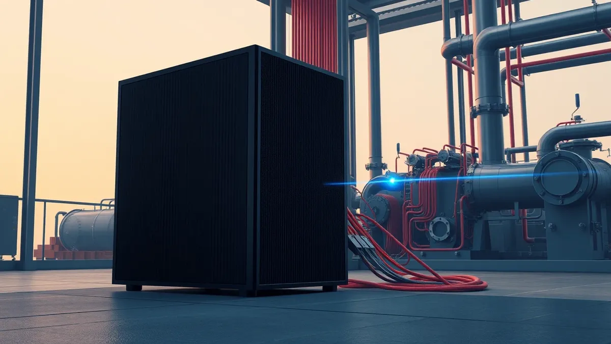Illustration: A sleek black server unit sits in a dimly lit industrial control room.