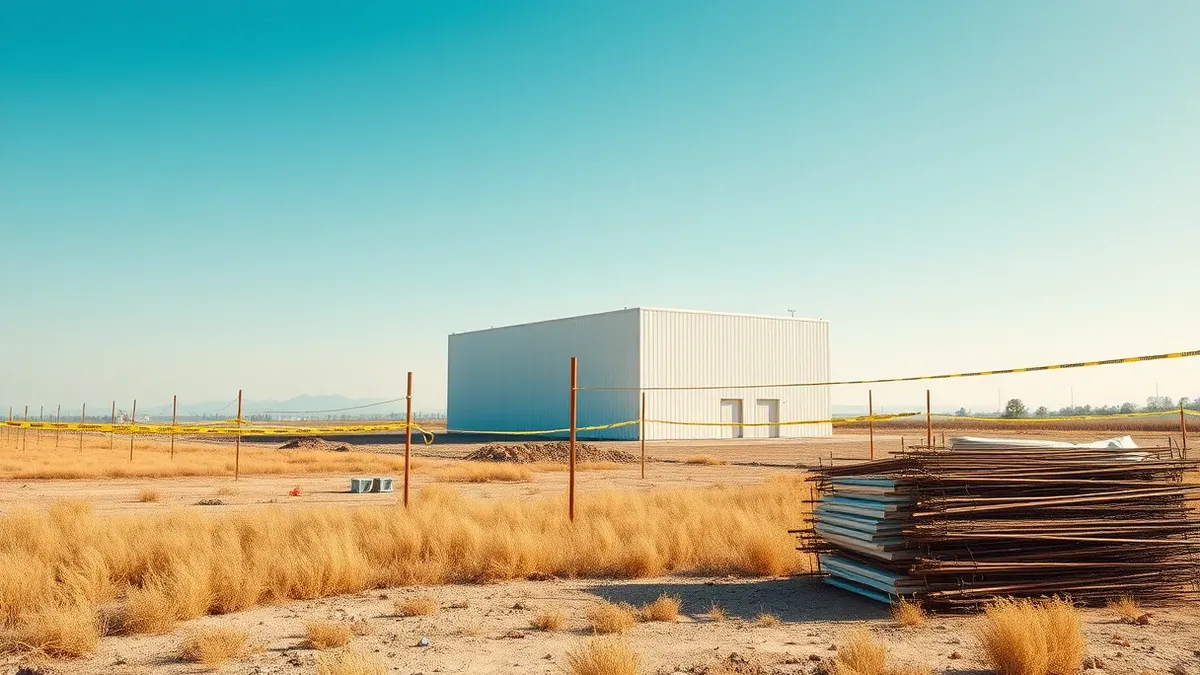 Illustration: A single white data center building sits idle in a sunny field, surrounded by yellow caution tape and a stack of blank construction permits.