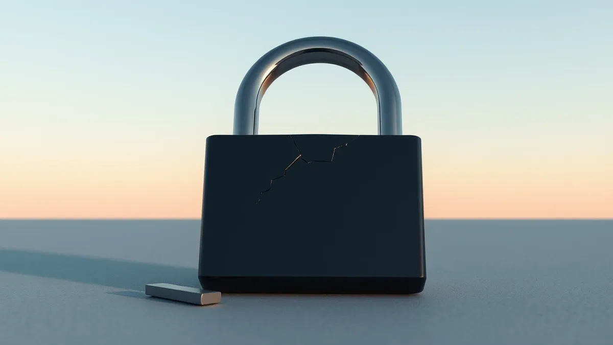 Illustration: A sleek black padlock sits on a sterile gray surface, its metal shackle slightly bent and misaligned.