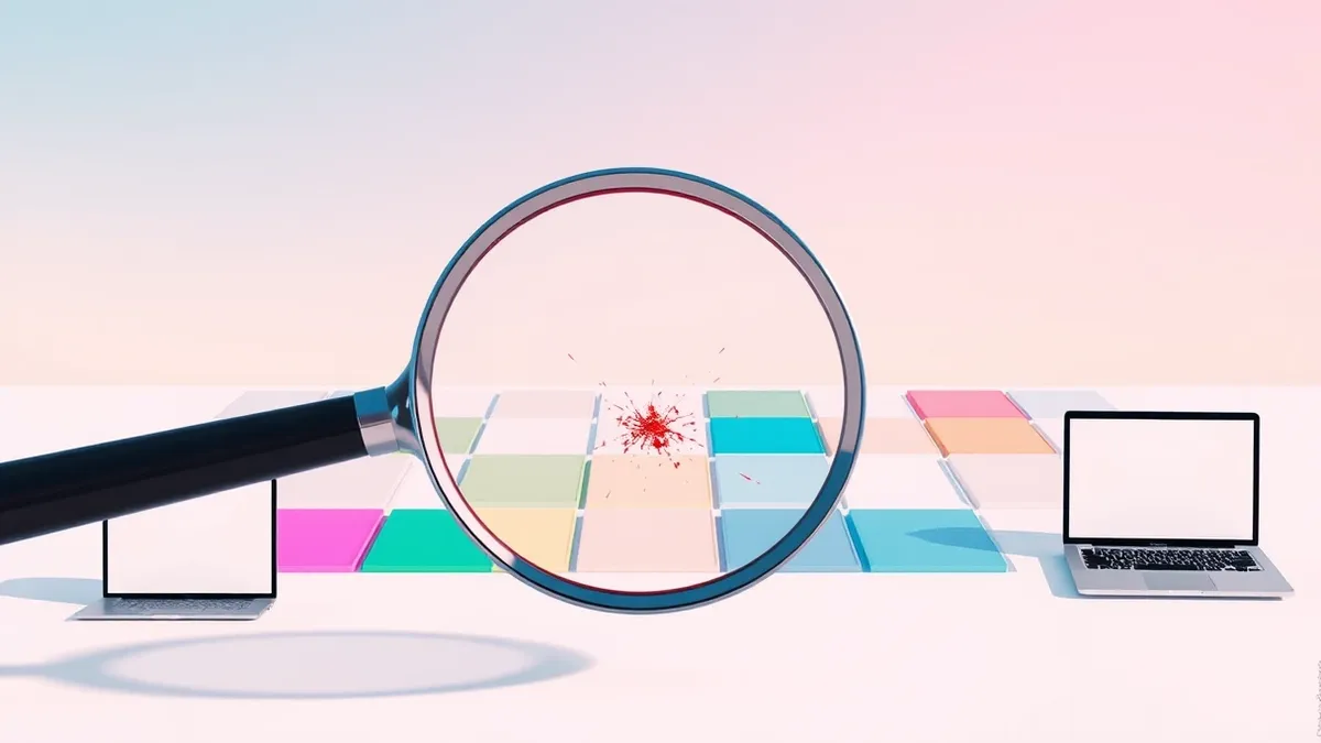 Illustration: A digital magnifying glass hovers over a grid of colorful, blank square tiles representing website extensions.