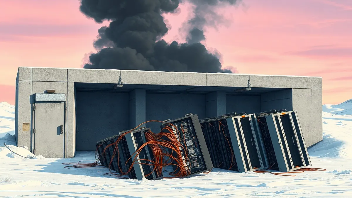 Illustration: A concrete bunker with heavy blast doors stands in a snowy landscape, its roof venting thick black smoke.