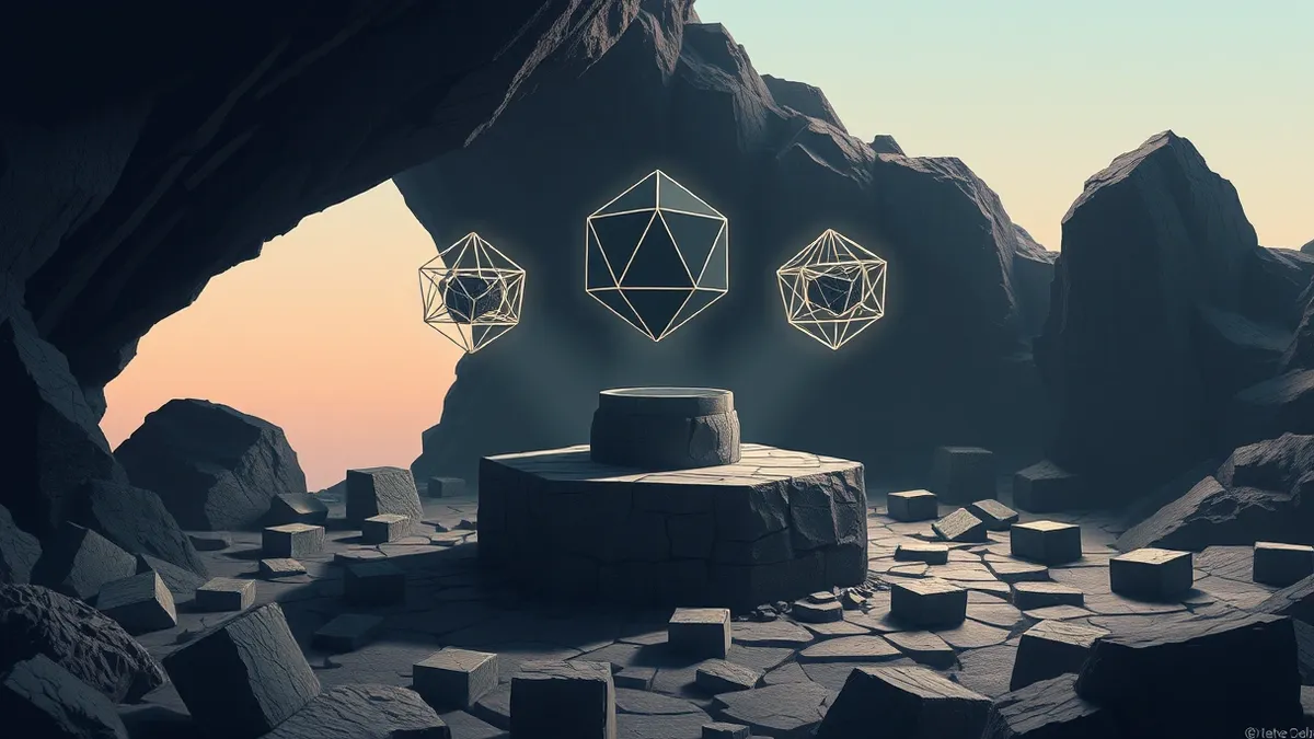 Illustration: A cracked stone pedestal sits in a pixelated cave, surrounded by scattered digital blocks.