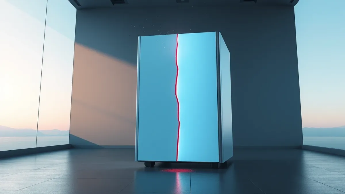 Illustration: A sleek silver server sits in a dimly lit room, its front panel glowing with a soft blue light.