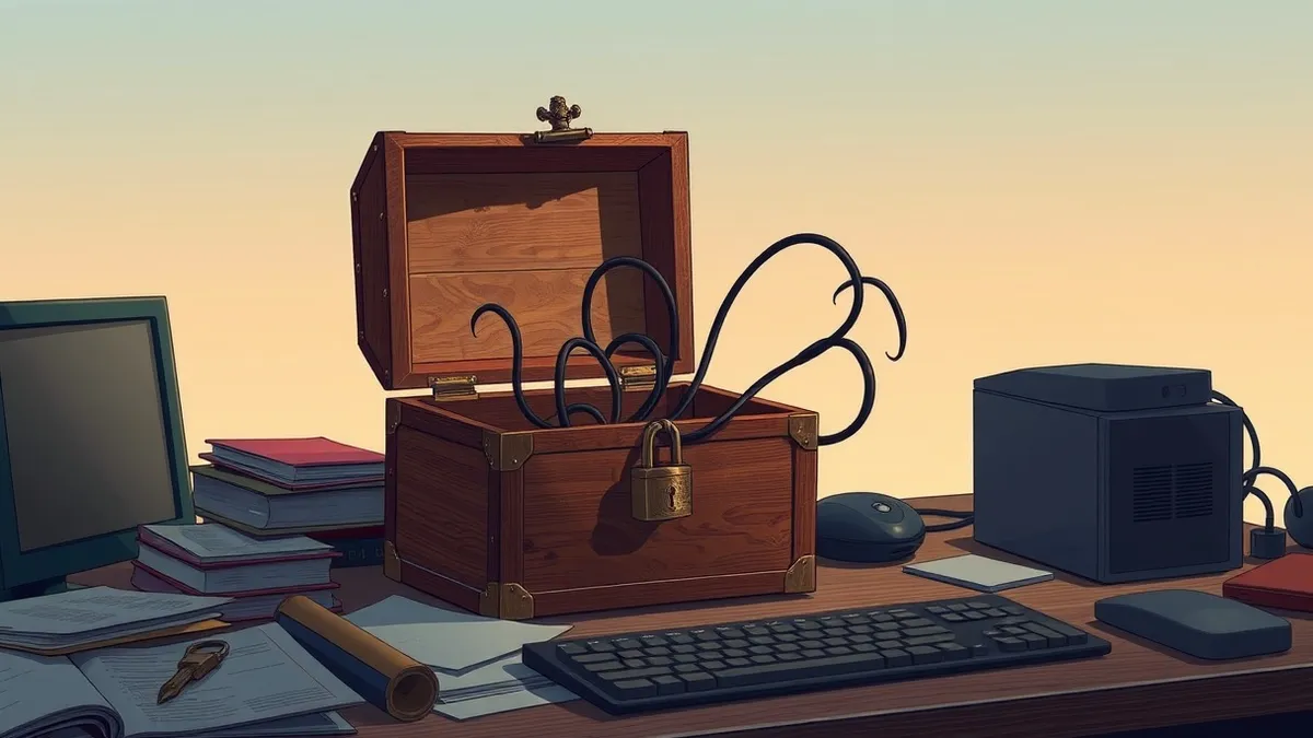 Illustration: A small wooden chest with a brass lock sits open on a cluttered desk, its lid resting askew.