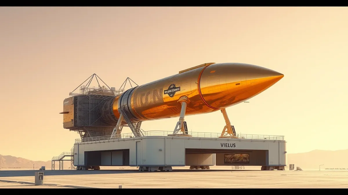 Illustration: A sleek, gold-foil-wrapped scientific probe sits on a clean launch pad under a bright sky.