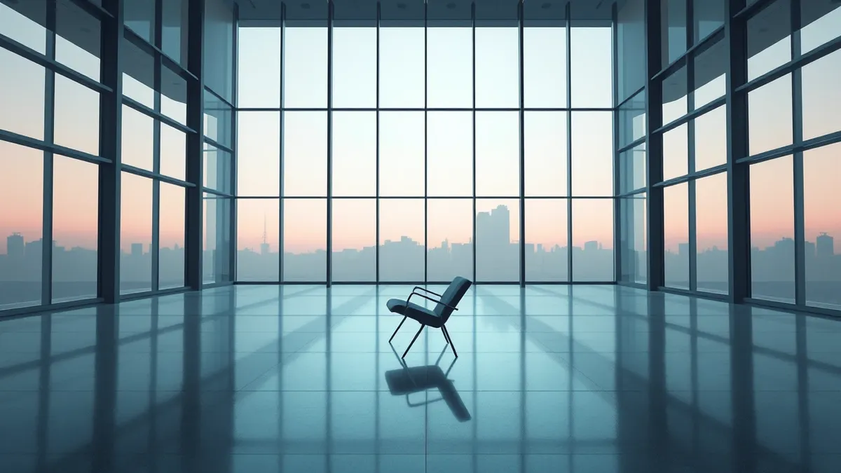 Illustration: A sleek office building with blank glass windows sits empty and quiet.