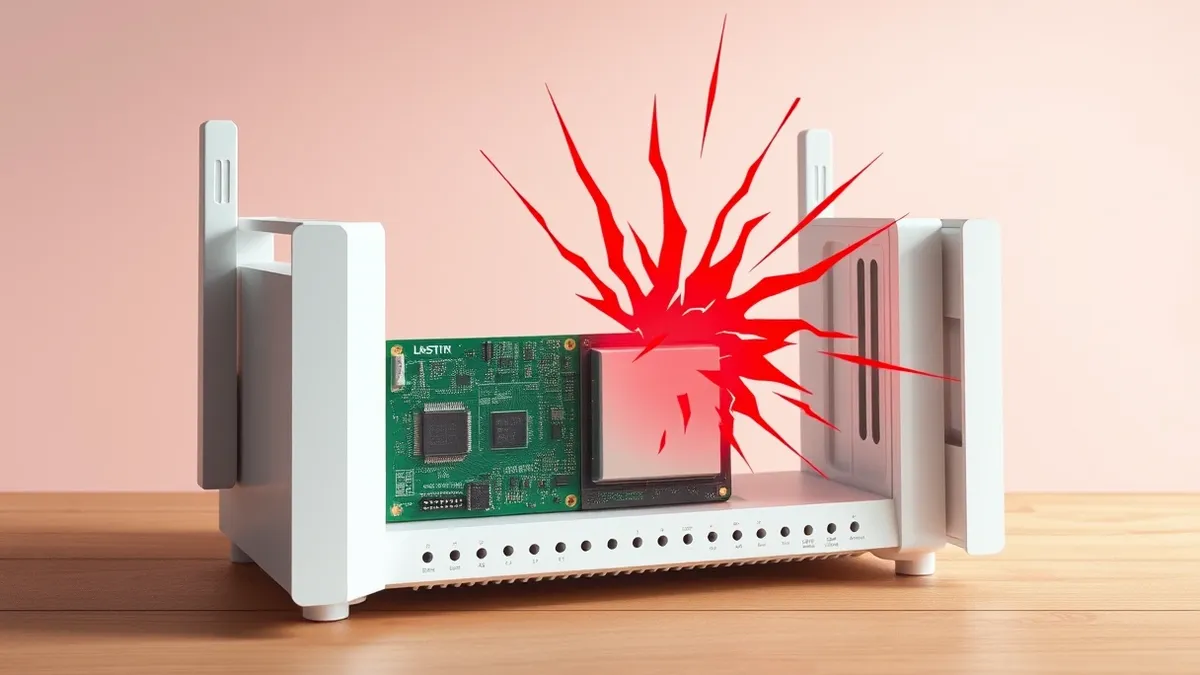 Illustration: A white wireless router sits on a wooden surface, its side panel removed to expose the green circuit board inside.