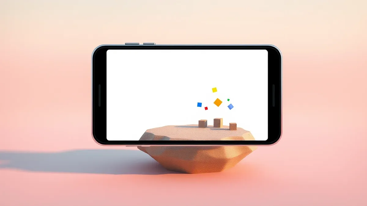 Illustration: A blank, glowing smartphone screen floats above a miniature sandbox island with tiny block structures.