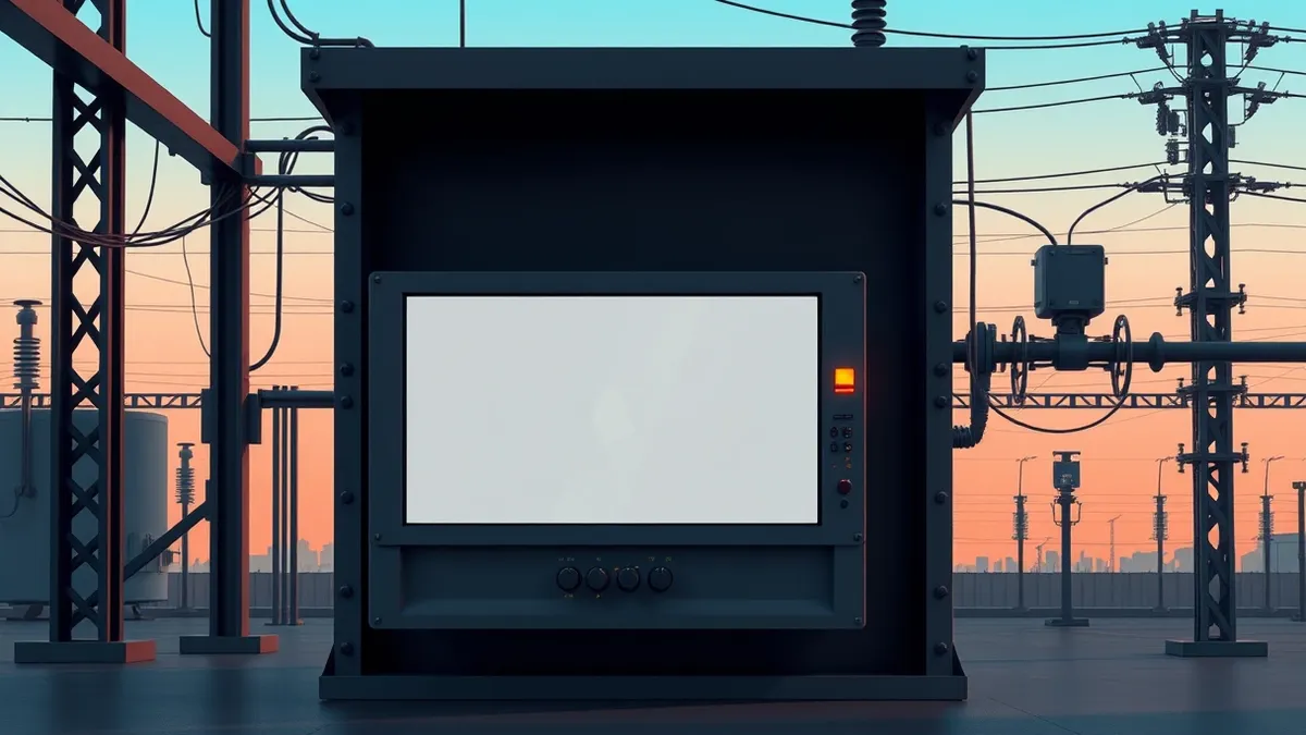 Illustration: A rugged industrial control panel sits inside a dimly lit utility substation, its blank screen displaying abstract geometric shapes.